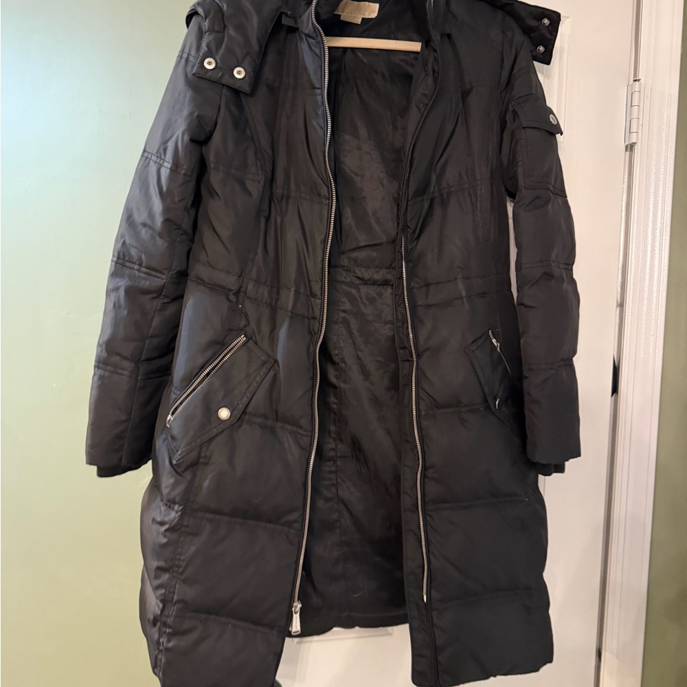 Michael Kors Black Long Puffer Coat with Hood